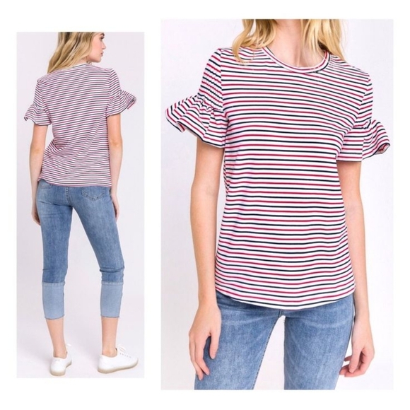By Anthropologie Red And Blue Striped Tee - Picture 1 of 6
